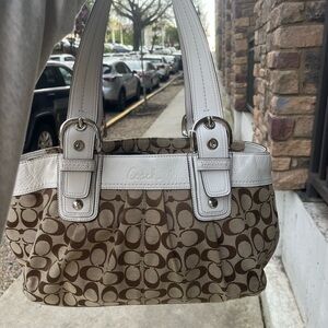 Coach Brown and White Signature Tote Bag
